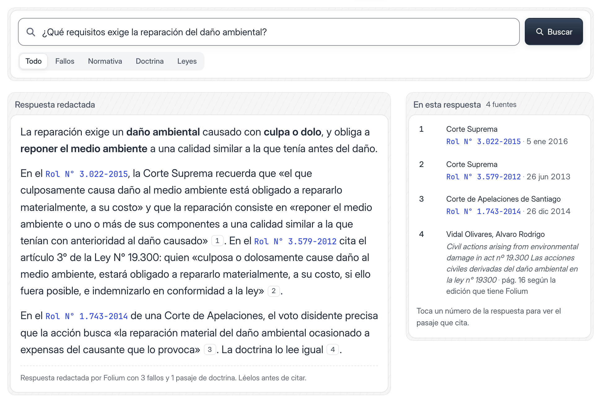 La Biblioteca de Folium con la pregunta «¿Qué requisitos exige la reparación del daño ambiental?»: una respuesta de ejemplo con citas numeradas a dos fallos de la Corte Suprema, un voto disidente de una Corte de Apelaciones y un pasaje de doctrina, y la lista de sus fuentes.