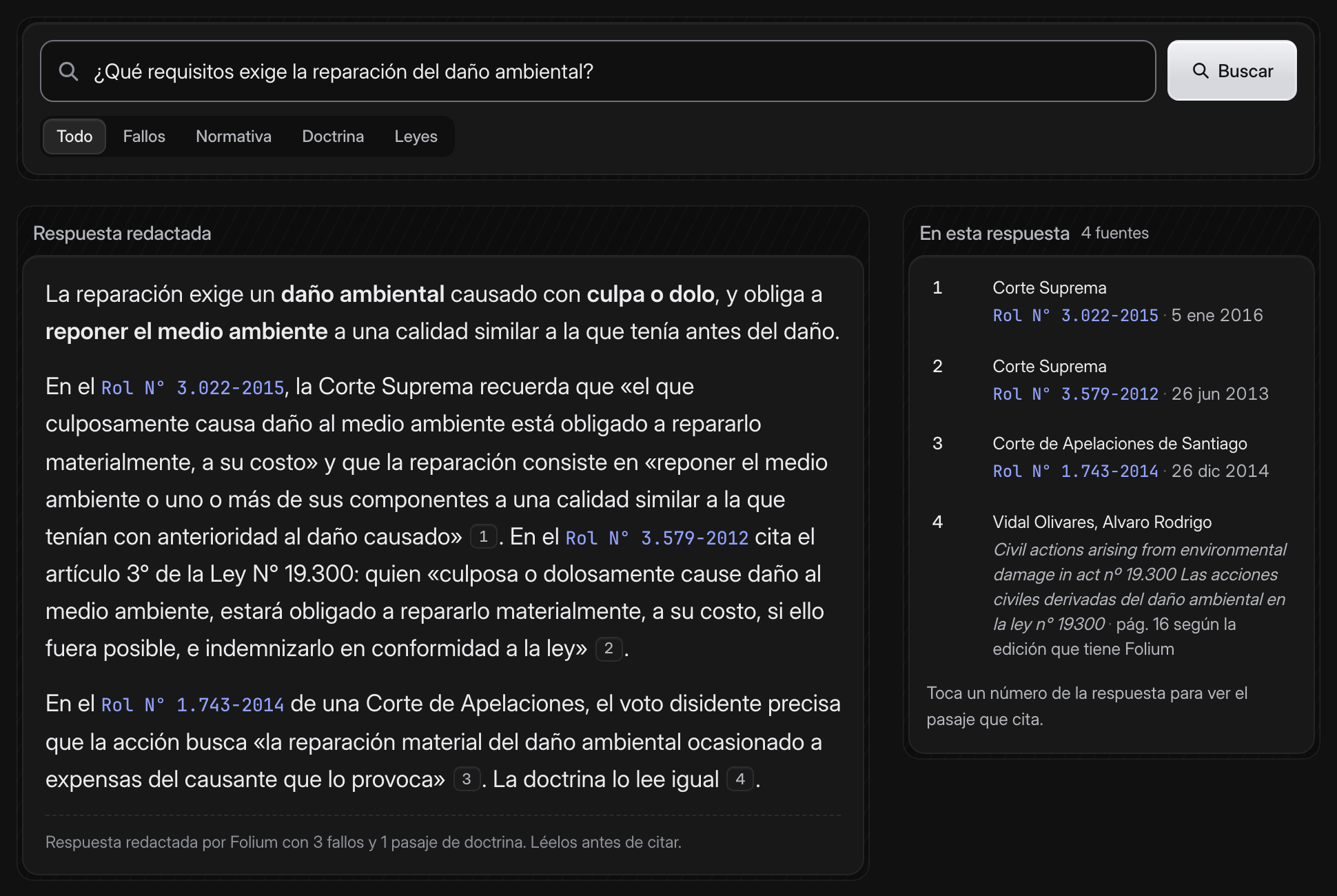La Biblioteca de Folium con la pregunta «¿Qué requisitos exige la reparación del daño ambiental?»: una respuesta de ejemplo con citas numeradas a dos fallos de la Corte Suprema, un voto disidente de una Corte de Apelaciones y un pasaje de doctrina, y la lista de sus fuentes.