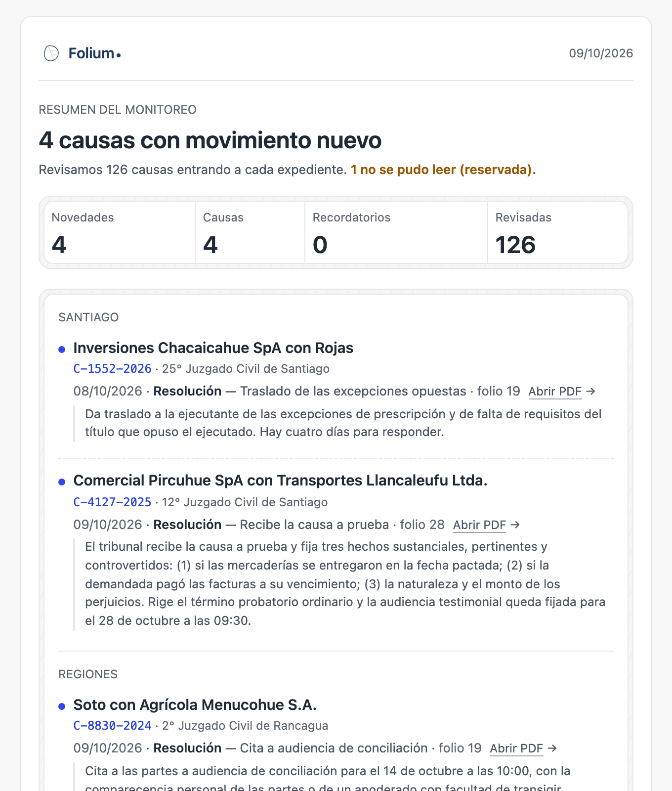 El correo del resumen del monitoreo: 4 causas con movimiento nuevo de 126 revisadas, una reservada, y las resoluciones de cada causa con su resumen y el enlace al PDF.