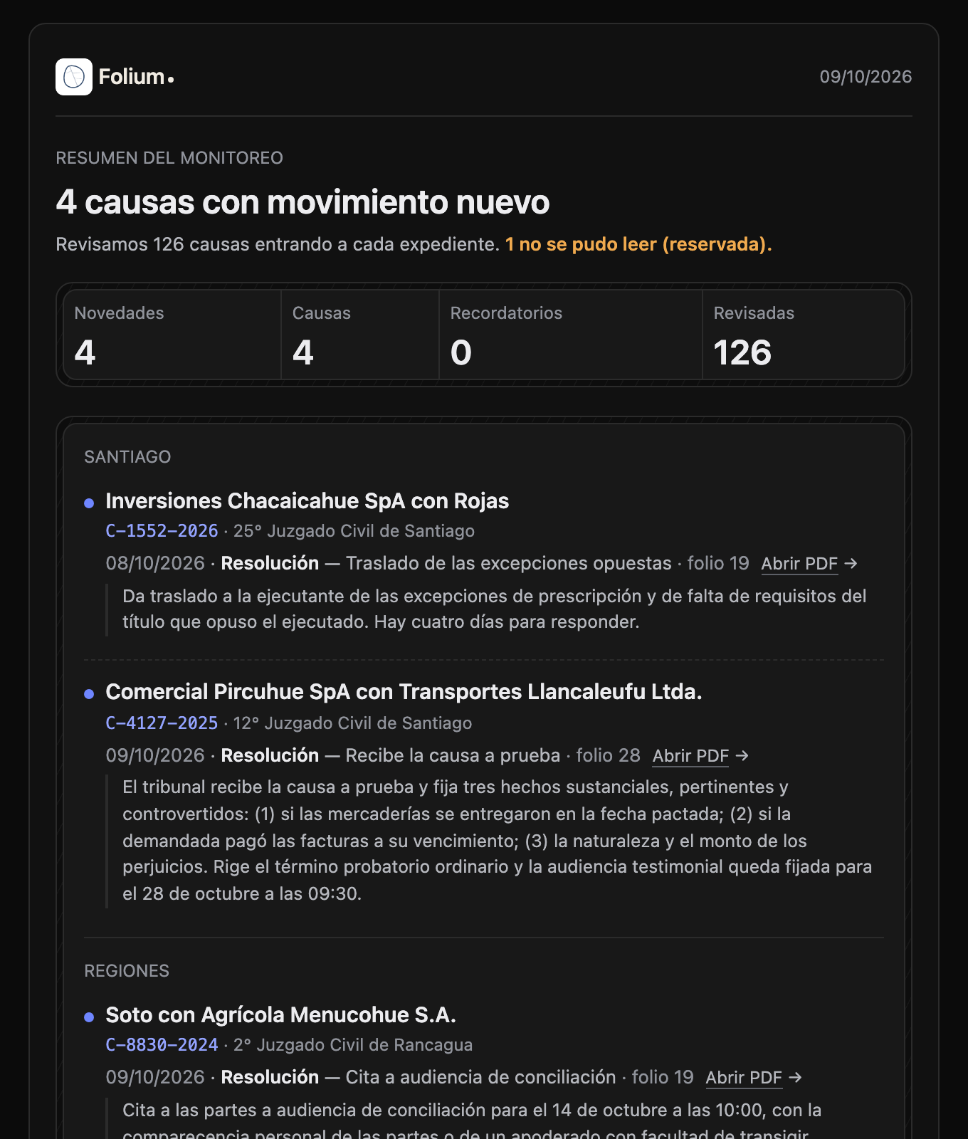 El correo del resumen del monitoreo: 4 causas con movimiento nuevo de 126 revisadas, una reservada, y las resoluciones de cada causa con su resumen y el enlace al PDF.